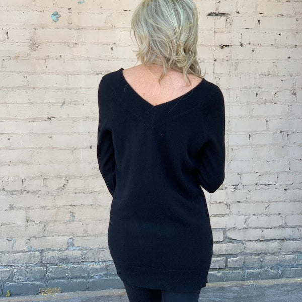 Kara Cashmere Double V Neck Sweater - Black